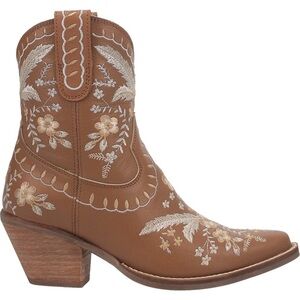 Dingo Primrose Leather Bootie, Brown Embroidered Floral Western Boots, Size 8.5